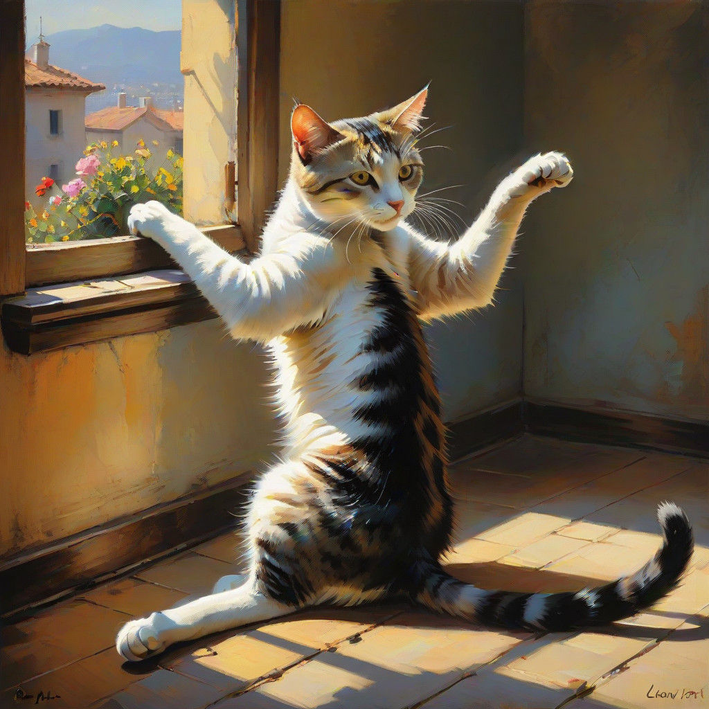 Feline Form in Warm Sunlight, Blending Smooth and Rough Brus...