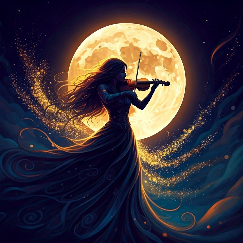 Enchanted Violinist Under Golden Moonlight