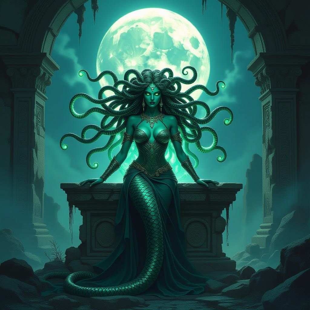 Medusa with Bioluminescent Hair in Dark Fantasy Style