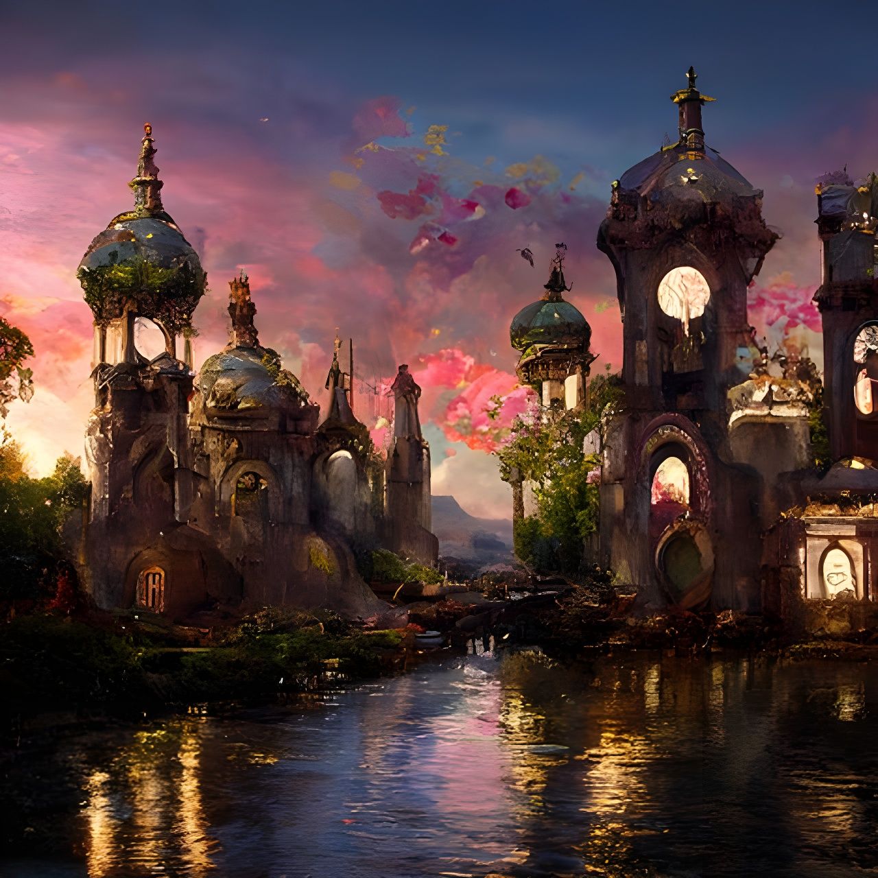 Detailed Medieval Castle with Pink Clouds