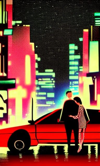 Cyberpunk Couple in Rainy Cityscape with Neon Lights