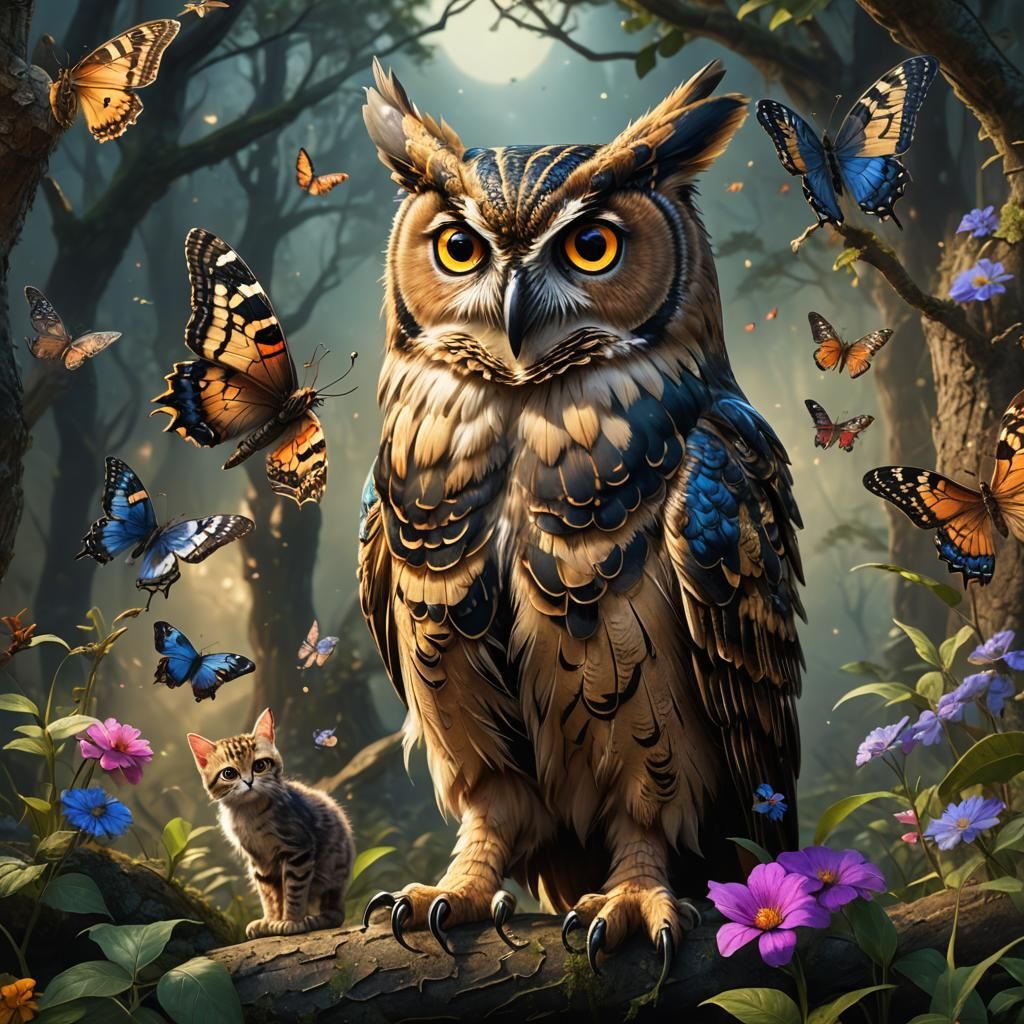 Owl Butterfly and Kitten in Detailed Matte Painting