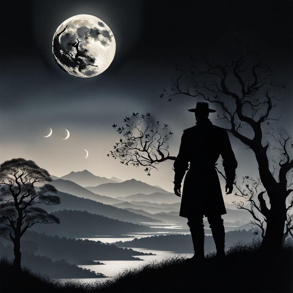 Silhouette Man Touches Moon: Realistic 16k Image