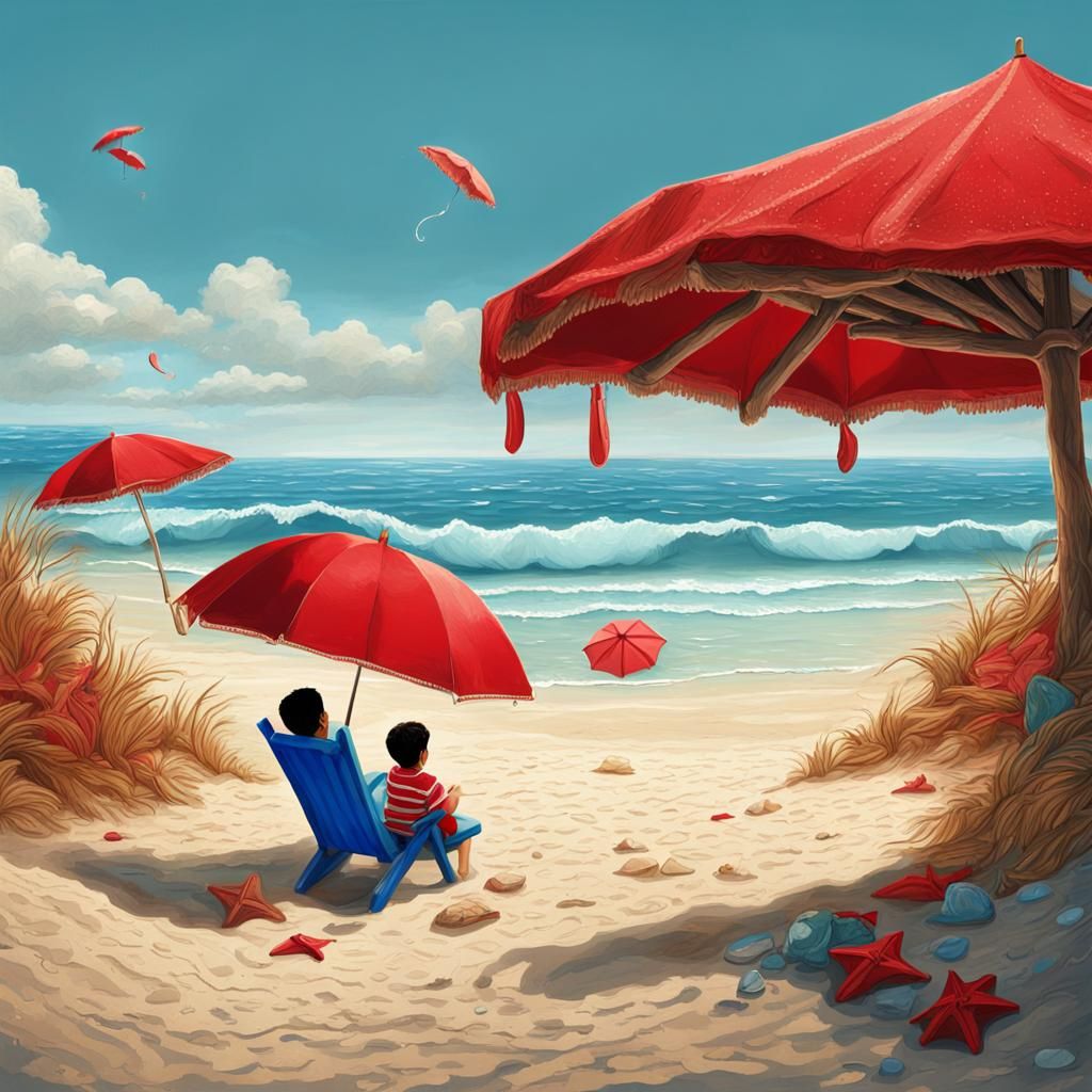 Beach Scene with Boy and Red Umbrella
