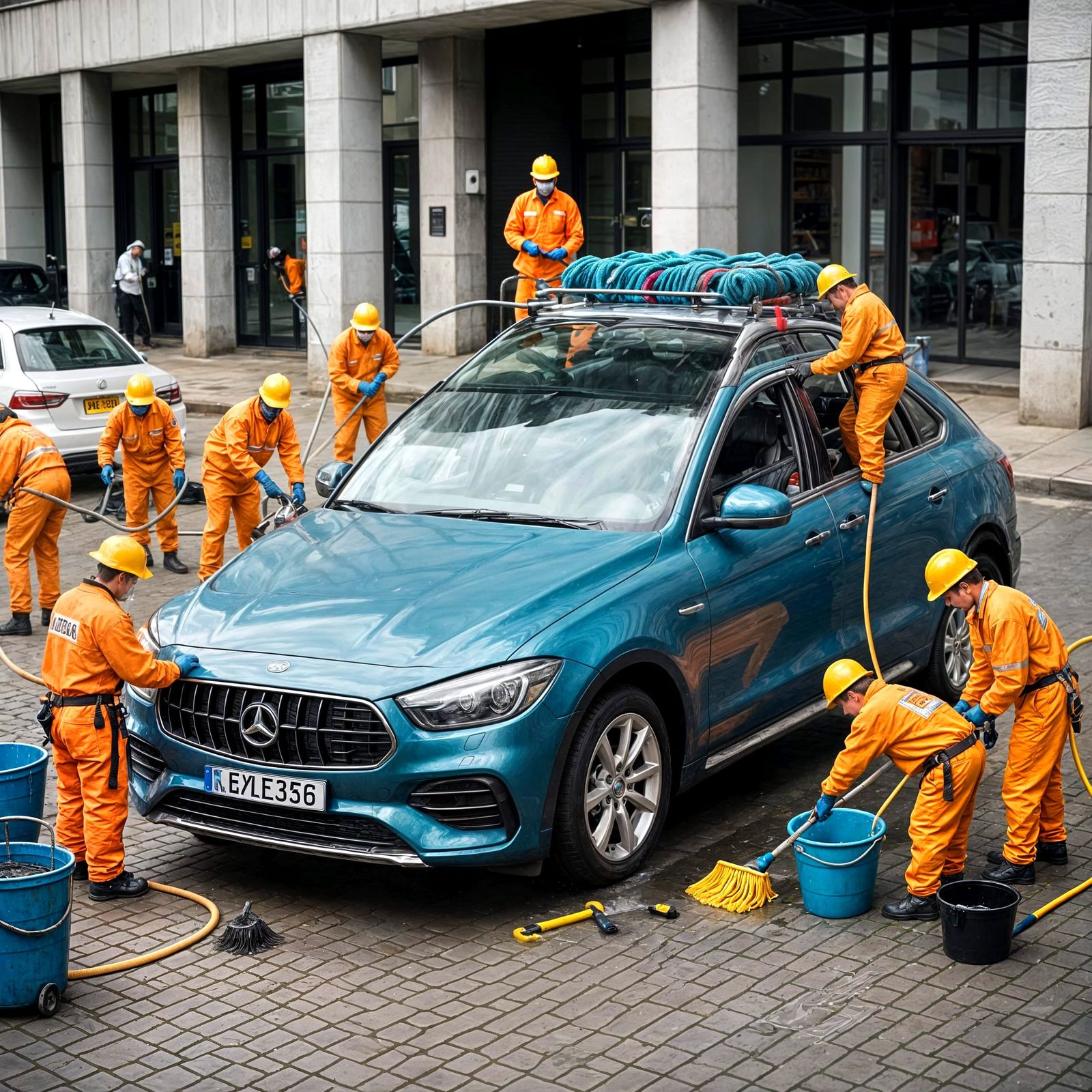 Miniature Cleaning Crew Details Modern Luxury Car