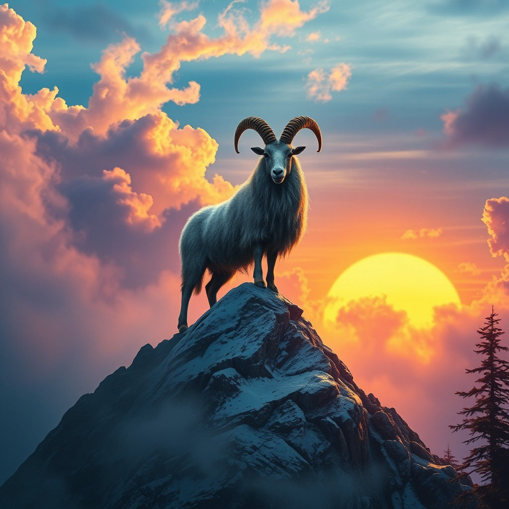 Majestic Goat on Snowy Peak in Matte Painting Style
