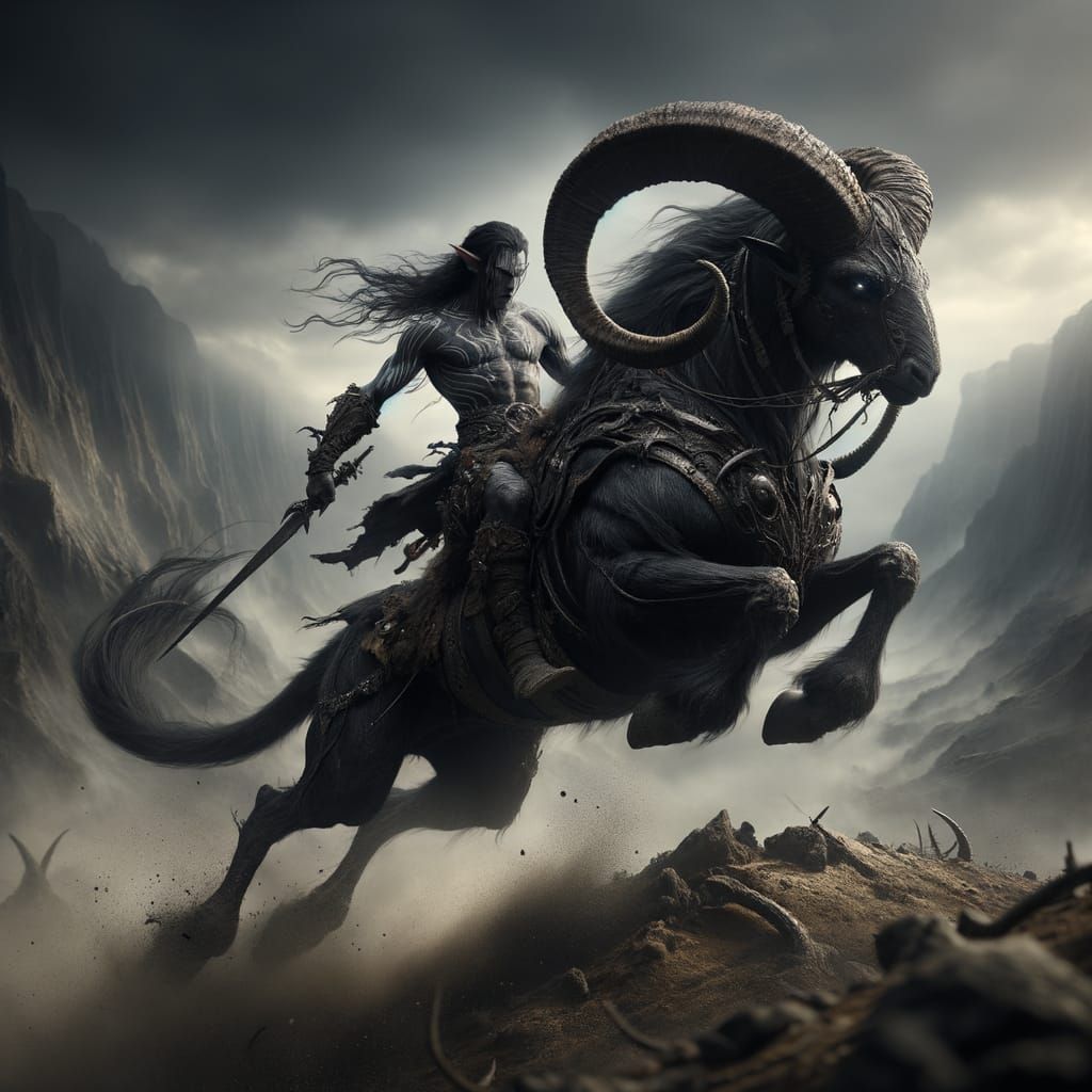 Ebony Elf Warrior Rides Ram Across Epic Battlefield