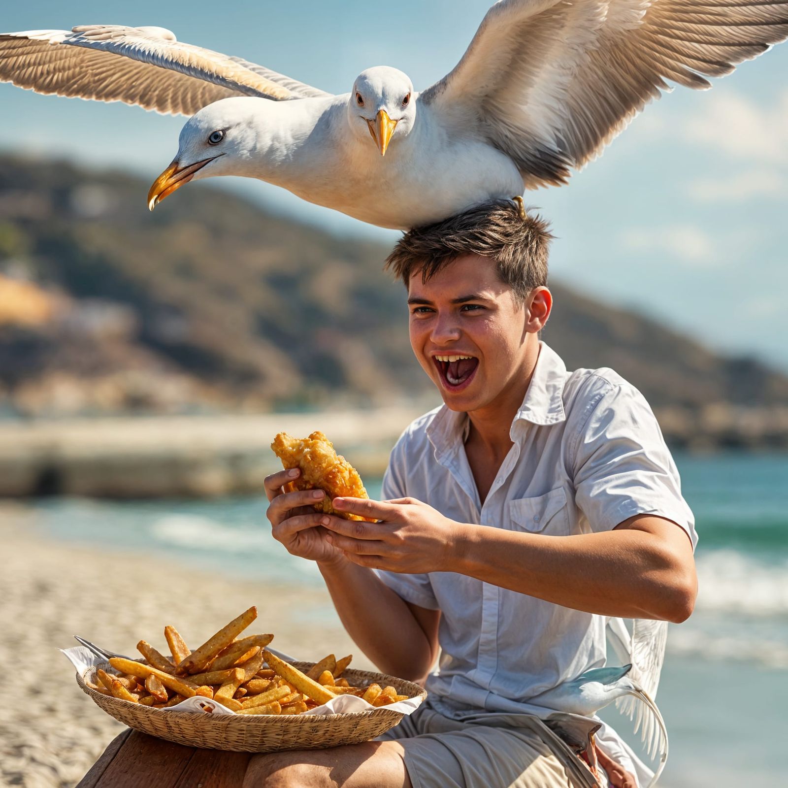 Majestic Iridescent Seagull in Mid-Air Above a Young Man wit...
