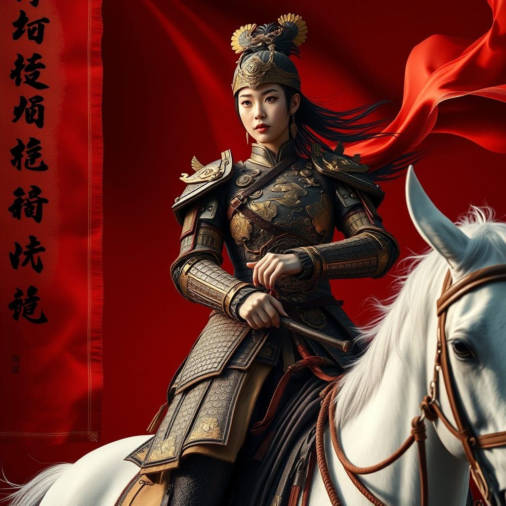 Ornate Chinese Warrior on Horse in Oil Painting Style