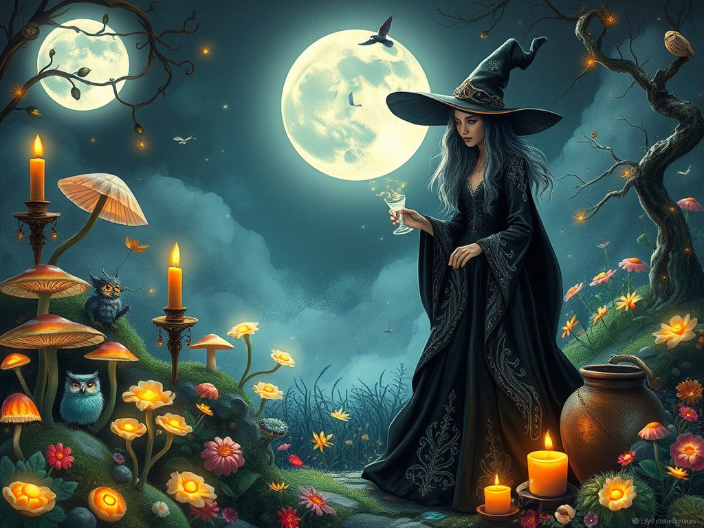 Mystical Witch's Glowing Garden Under the Moon