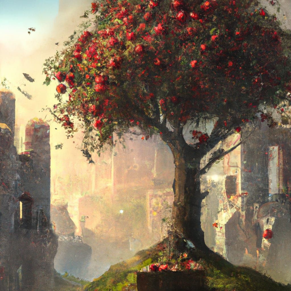 Apple Tree in Ruined City: Ethereal Digital Art