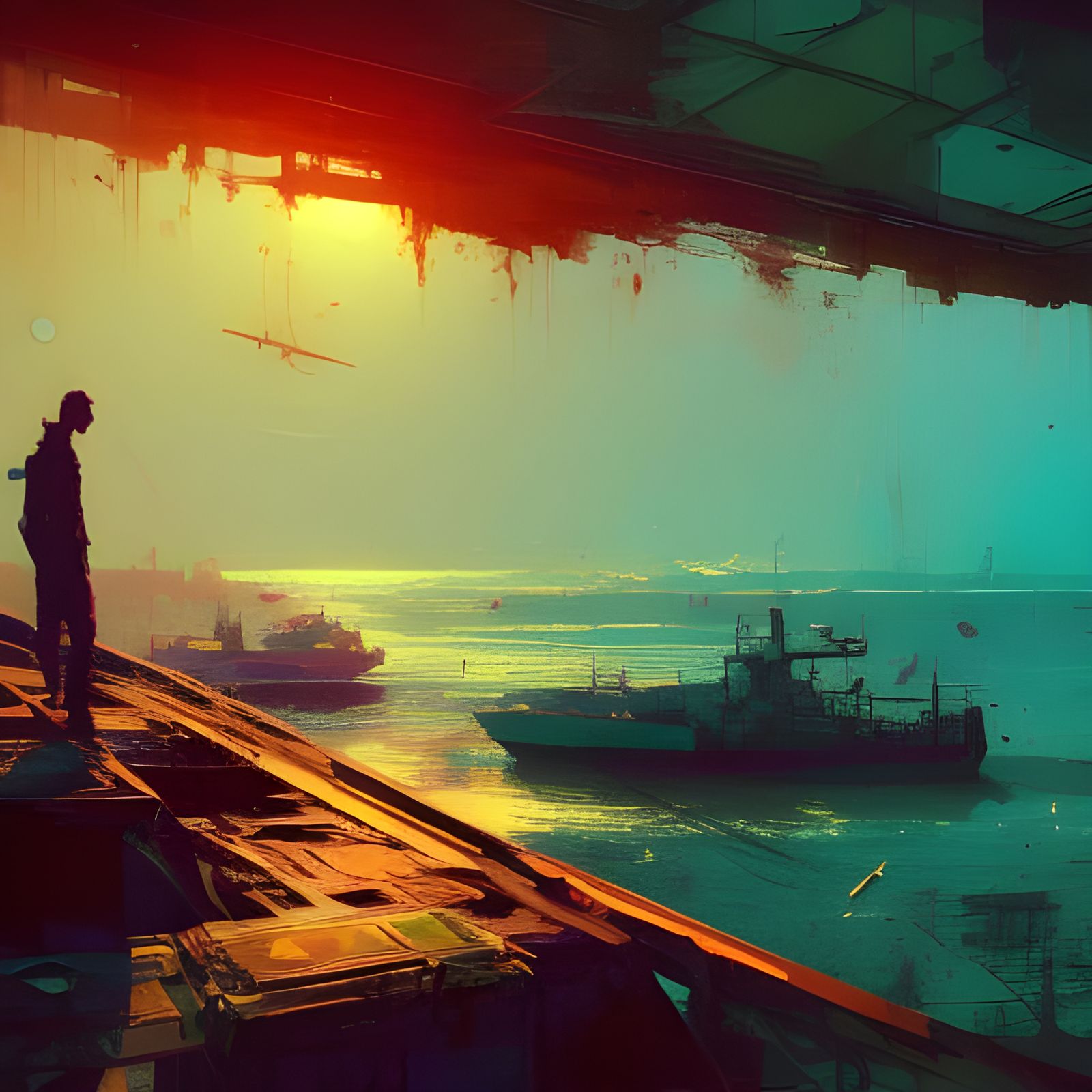 Sunset Ship in Teal Ocean: Colorful Fine Art