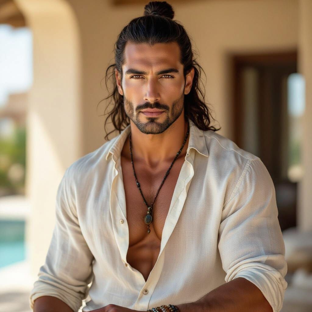 Moroccan Man in Beach Villa, Cinematic Portrait