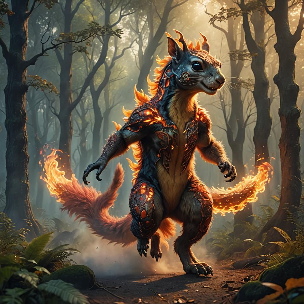 Fire Squirrel Monster in Enchanted Forest, Digital Art