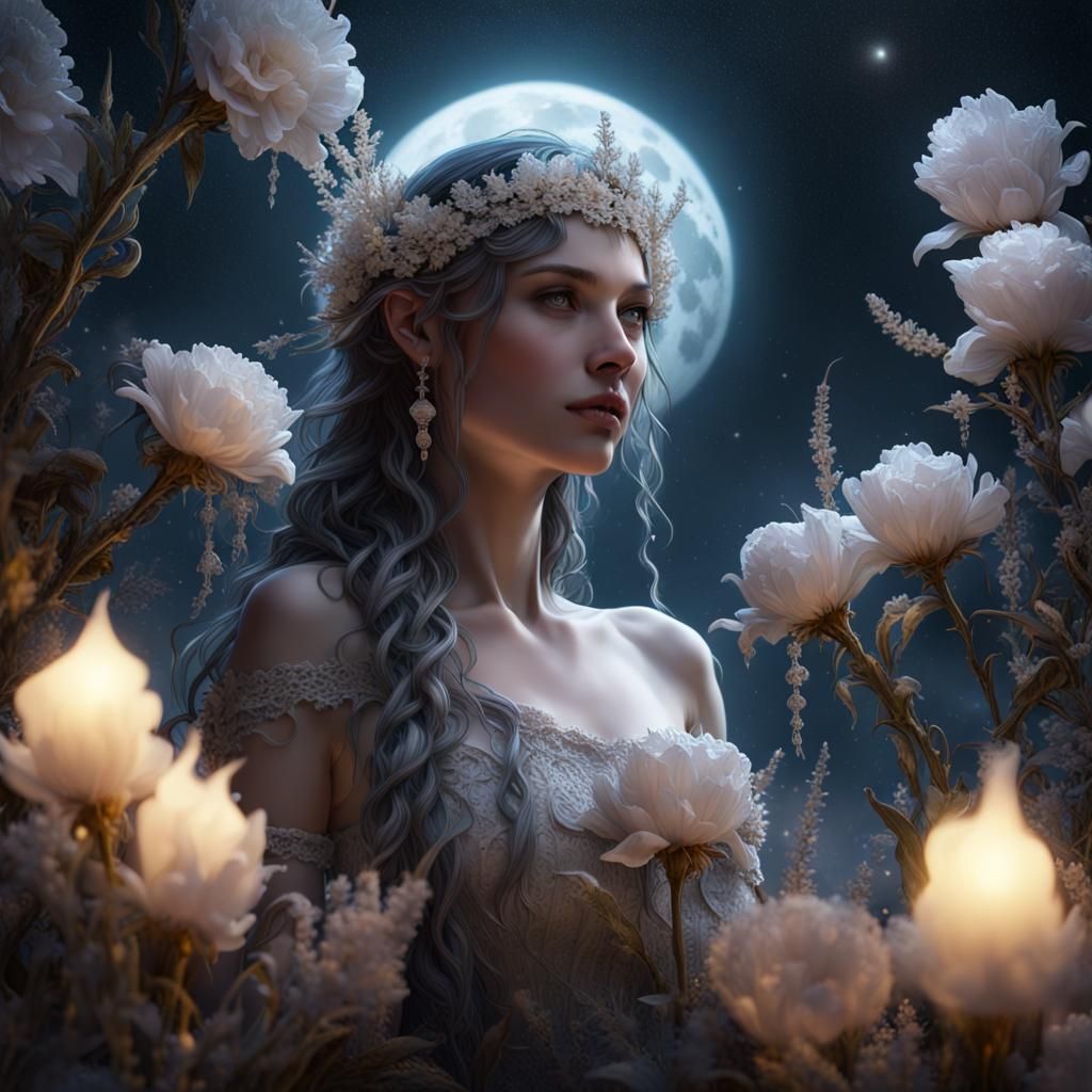 Crystal Ice Flowers Under Moon, Dark Fantasy Art