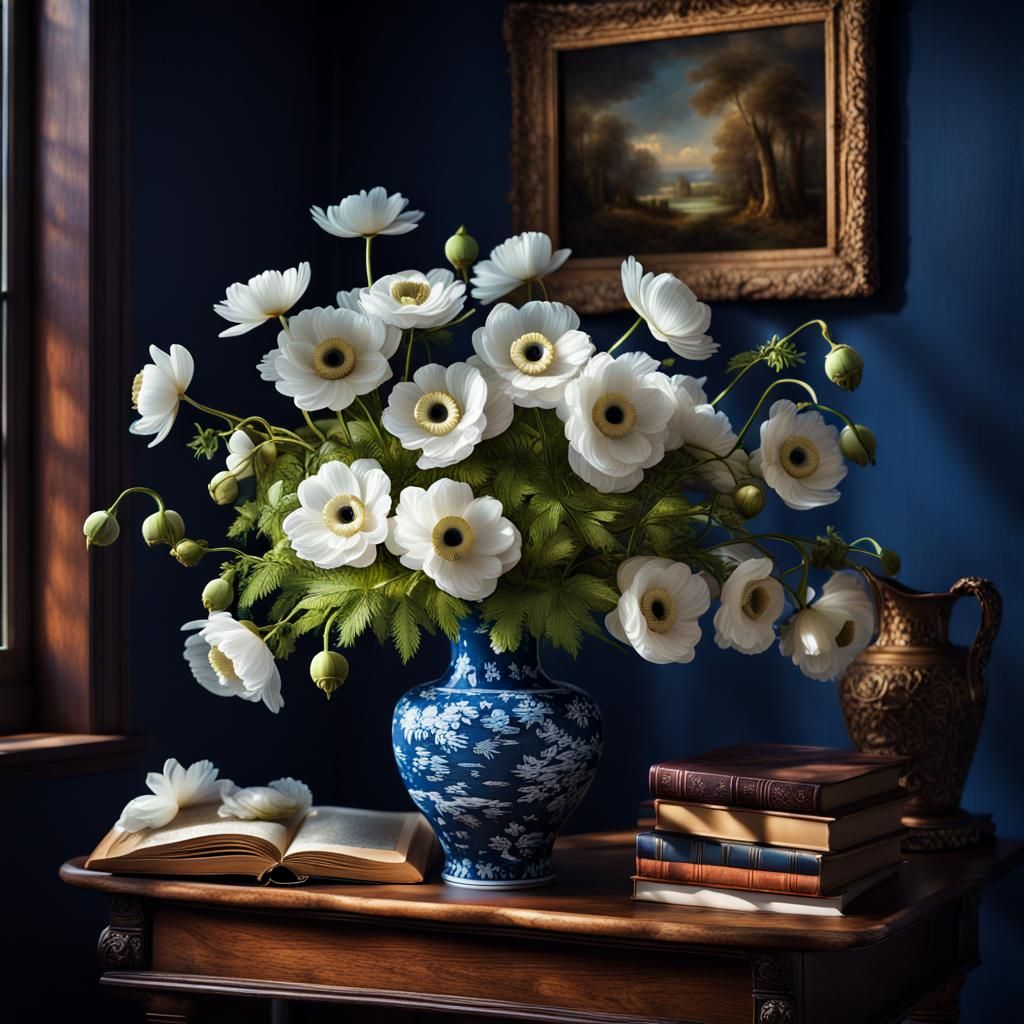 Anemones in Blue Willow Vase: Digital Still Life