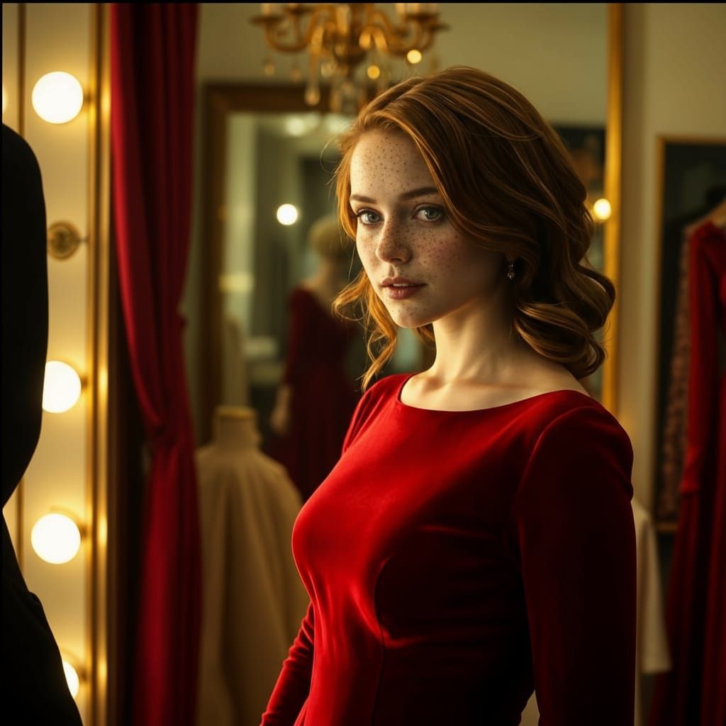 Fitting of a Red Velvet Gown: Cinematic Still