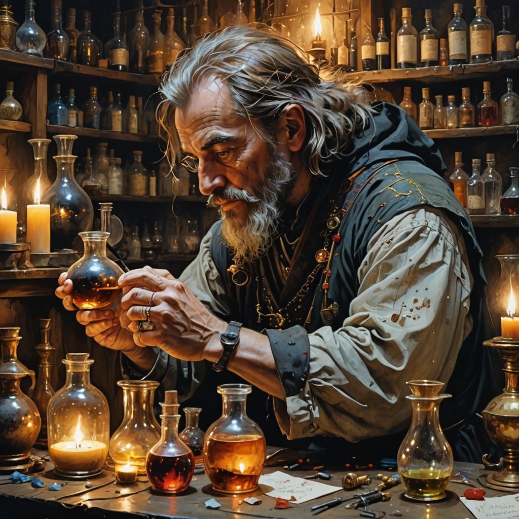 Alchemist in Medieval Lair with Potion, Alcohol Ink Style