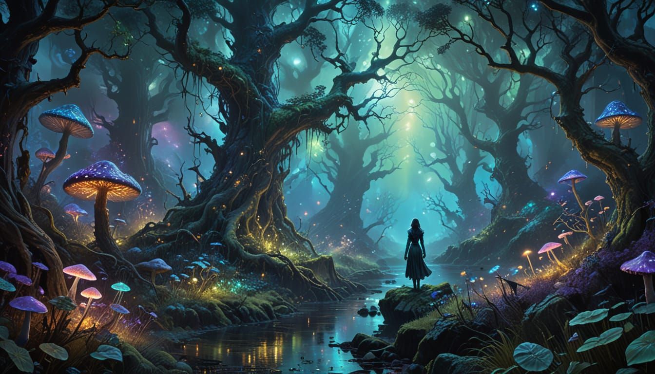 Ethereal Cybernetic Woman in Bioluminescent Forest