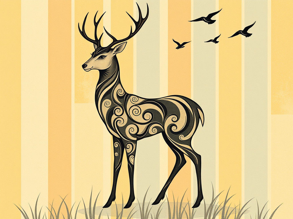 Stylized Deer in Art Nouveau Style with Japanese Motifs