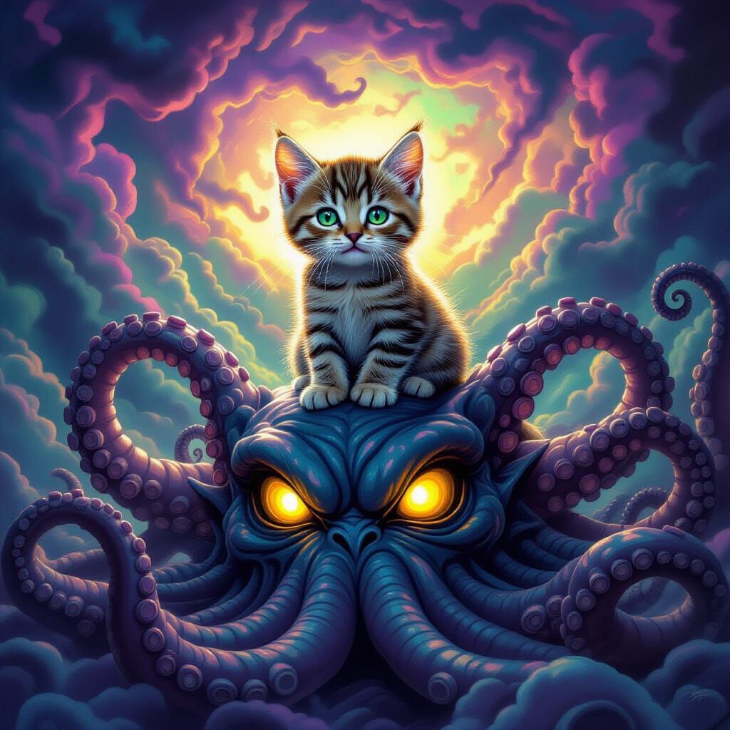 Kitten on Cthulhu Head in Dark Fantasy Style