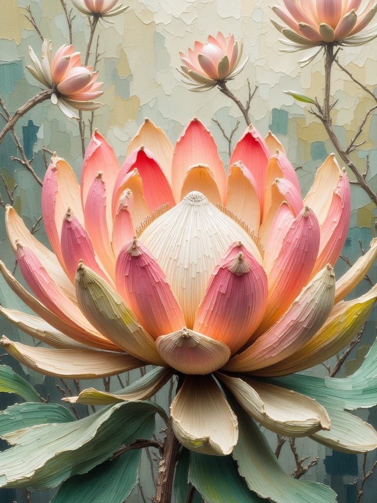 Protea Flower Close-Up in Impressionist Painting Style