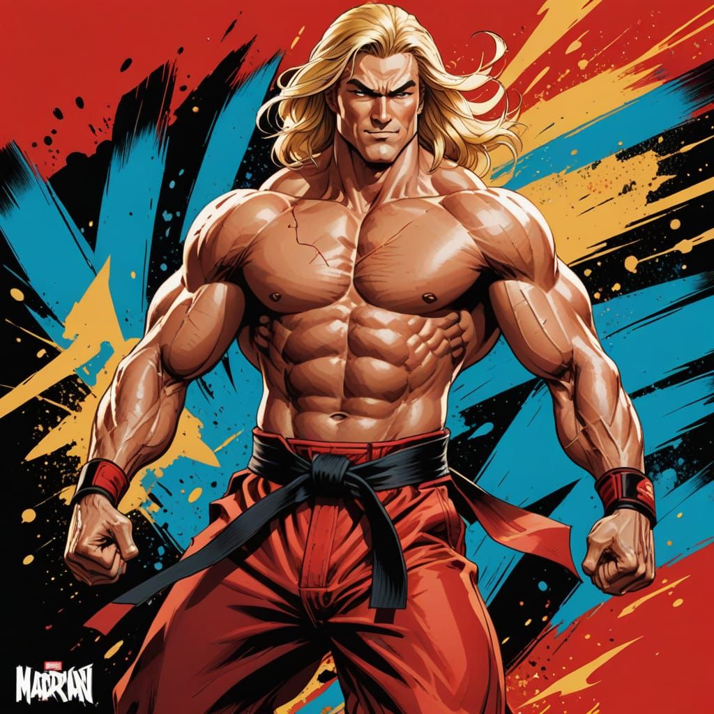 Muscular Karate Warrior in Vibrant Red Outfit