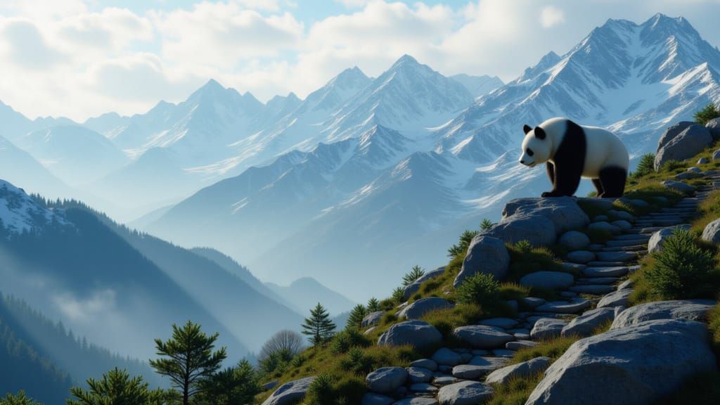 Panda Drags Mountains in Epic Cinematic Digital Art