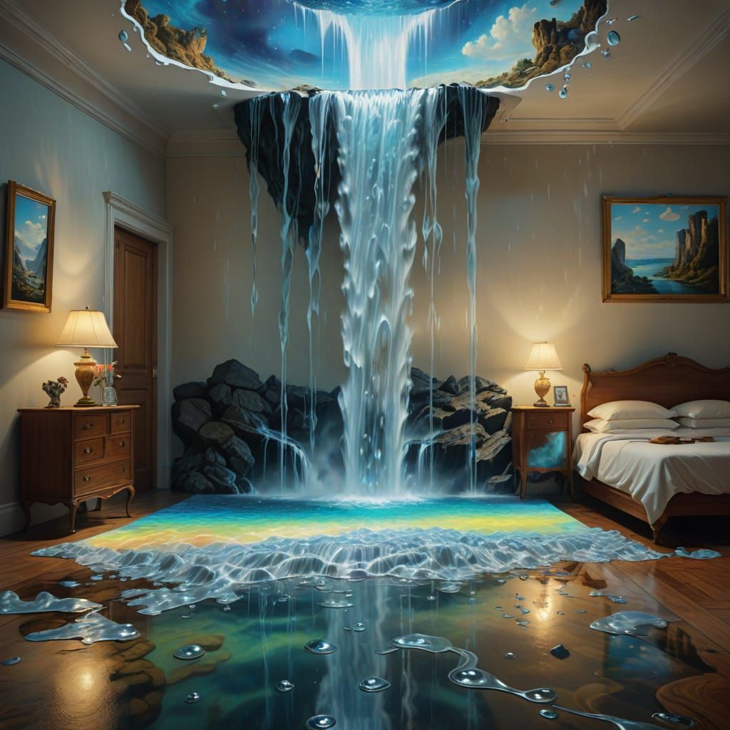 Bedroom Waterfall Hologram in Surreal Digital Art Style