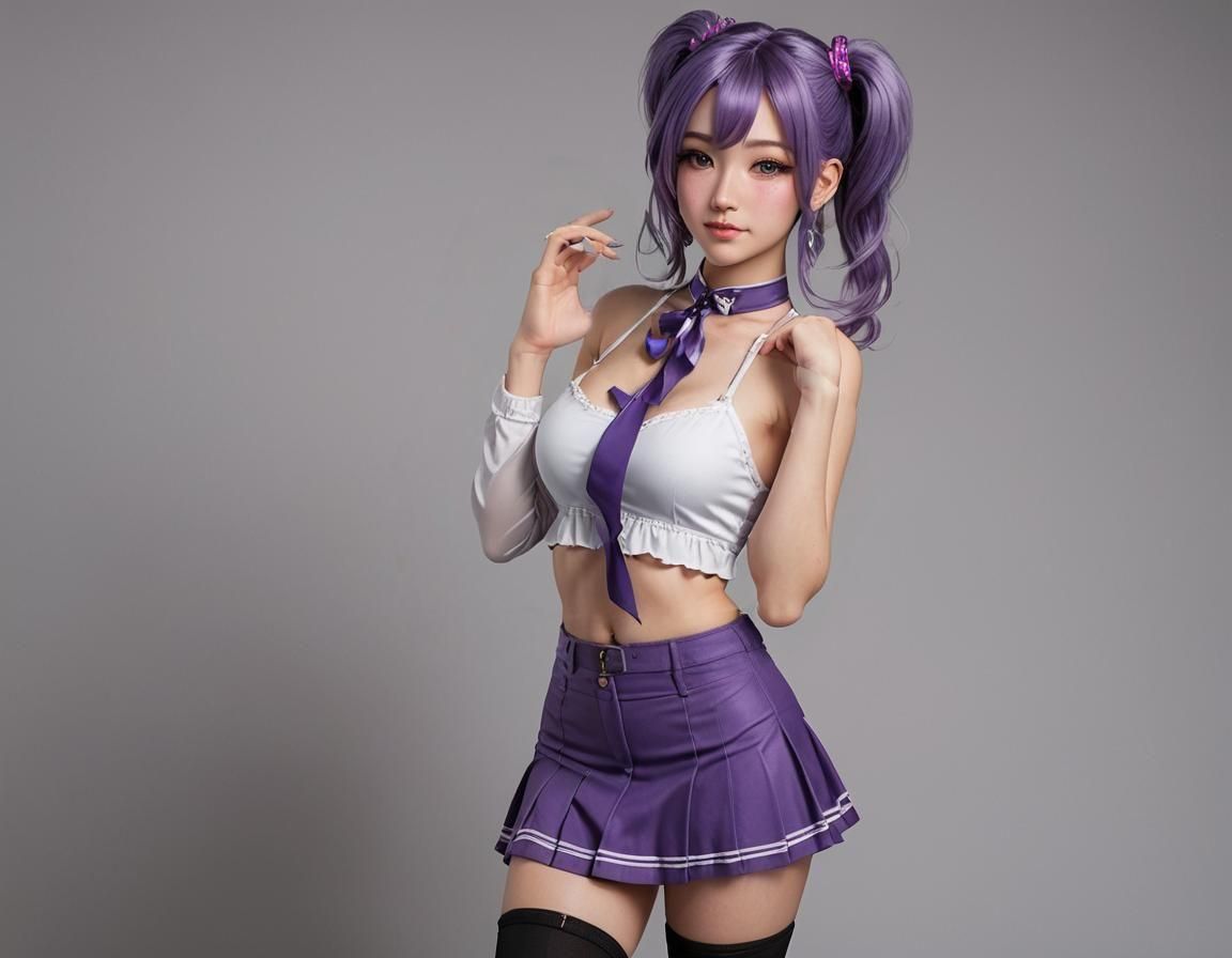 Photorealistic Portrait of Freckled Girl with Purple Hair