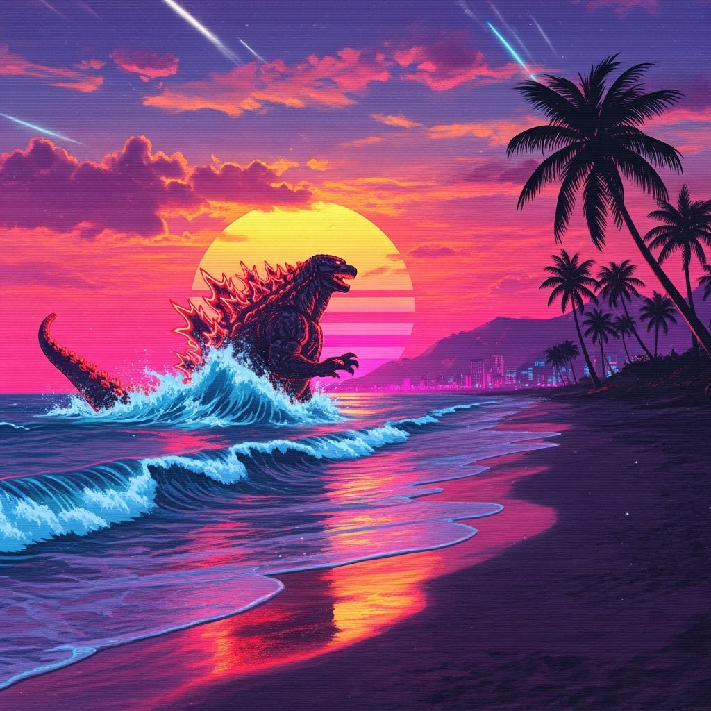 Synthwave Godzilla Emerges From Neon Ocean