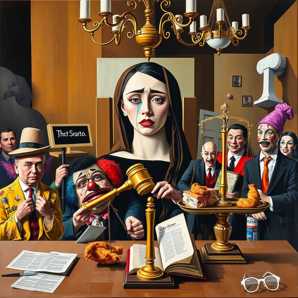 Sanity on Trial in a Surreal Cubist Courtroom