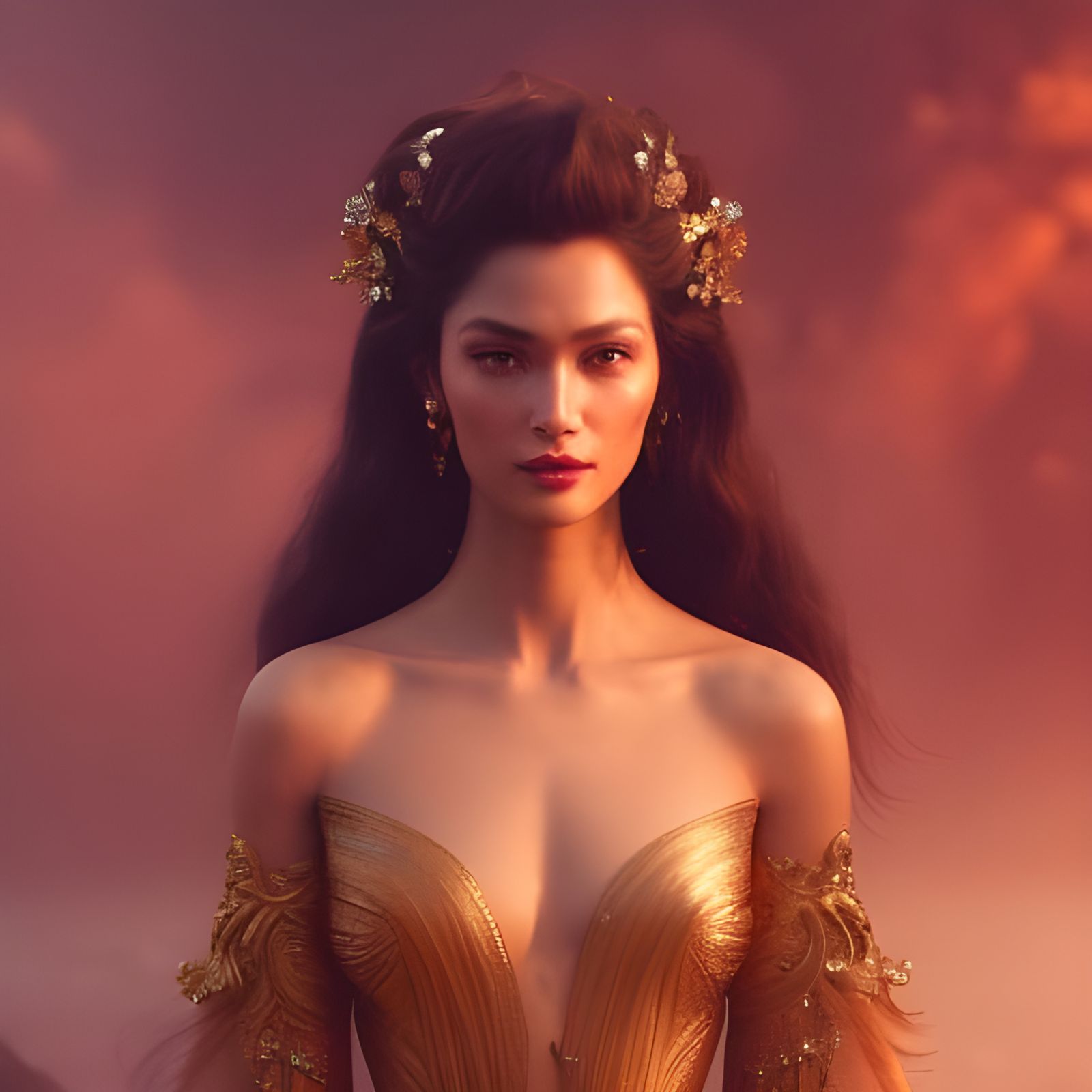 Beautiful Woman with Gold Halo and Pearl Necklace