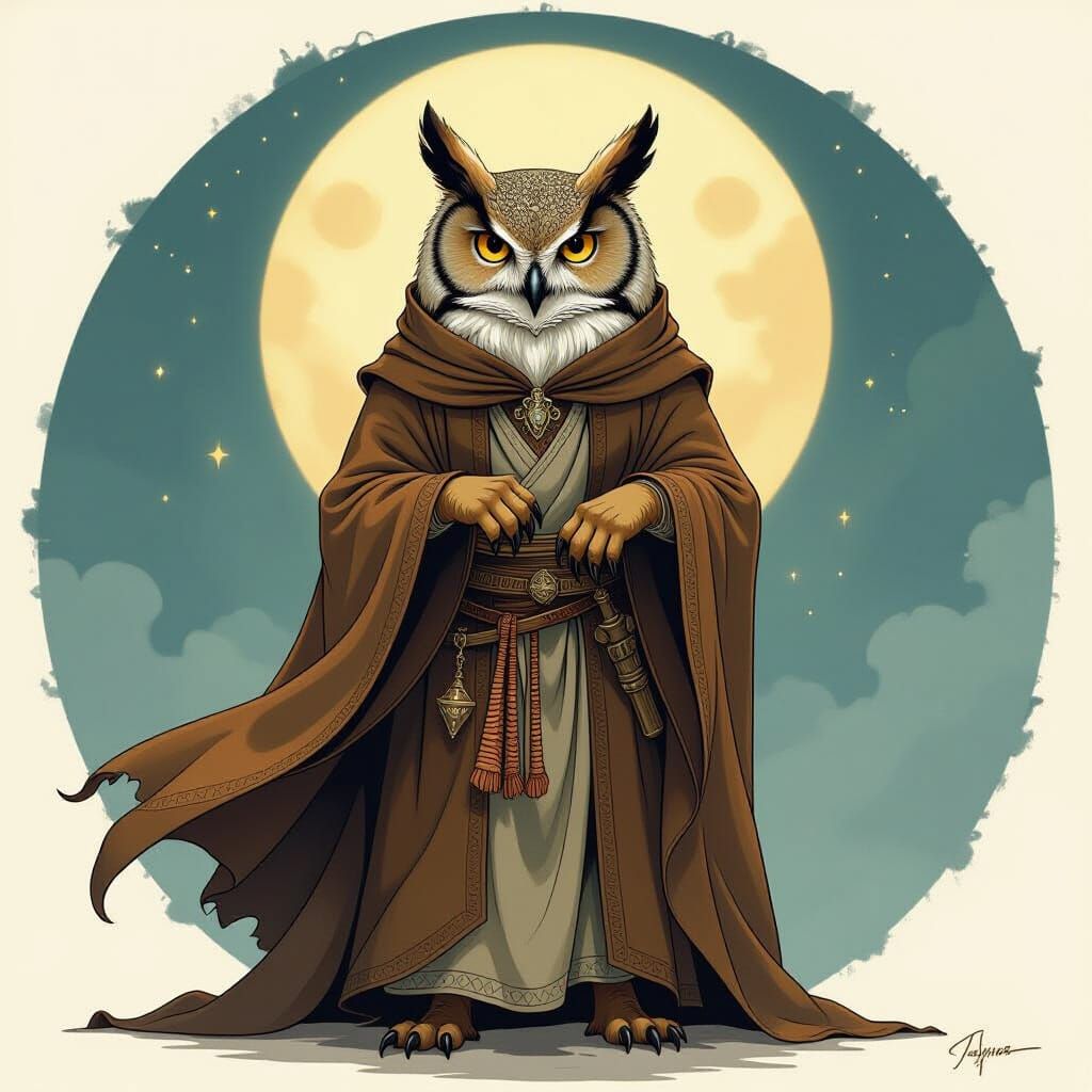 Mystical Owl in Robe: Atmospheric Digital Illustration