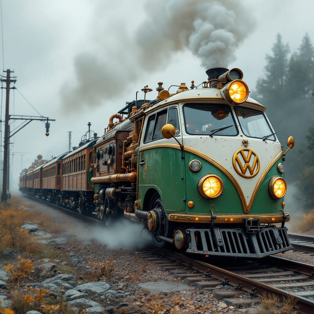 Steampunk Volkswagen Minibus Locomotive on Railroad Tracks