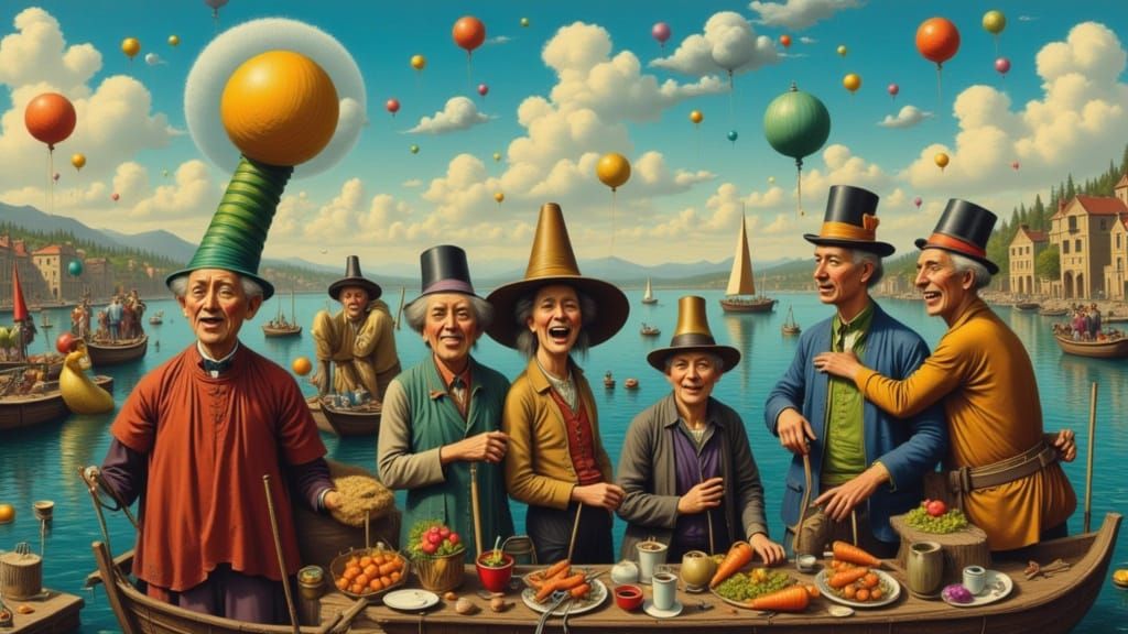 Surreal Village Scene: Fools Fish with Carrots, Jack Spins