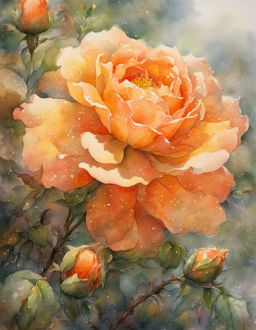 Ethereal Watercolor Tea-Rose Blossom Close Up