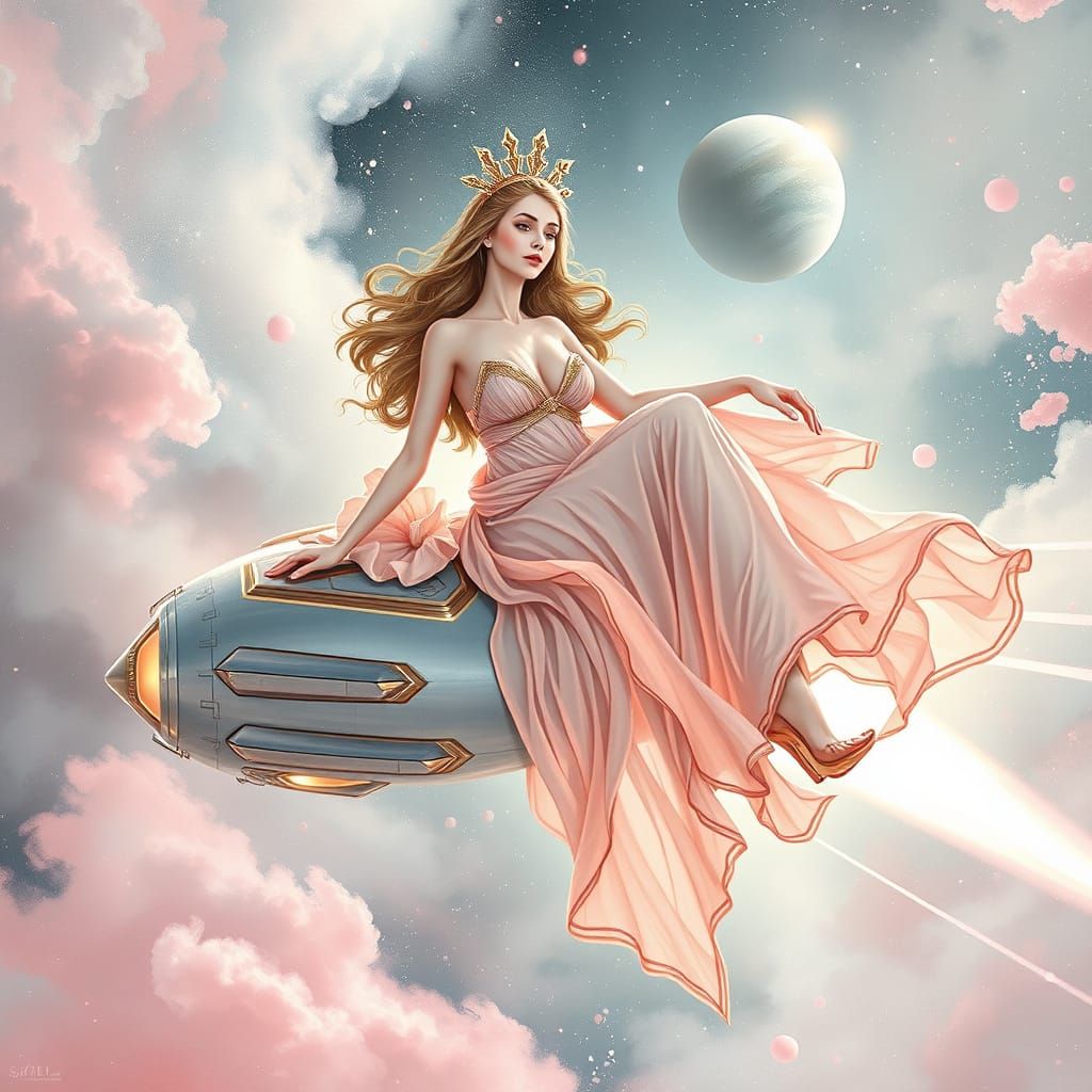 Aphrodite on a Rocket in Pastel Nebula