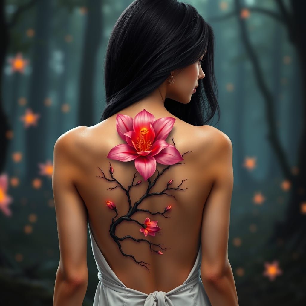 Serene Miami Latina Woman with Blooming Flower Tattoo