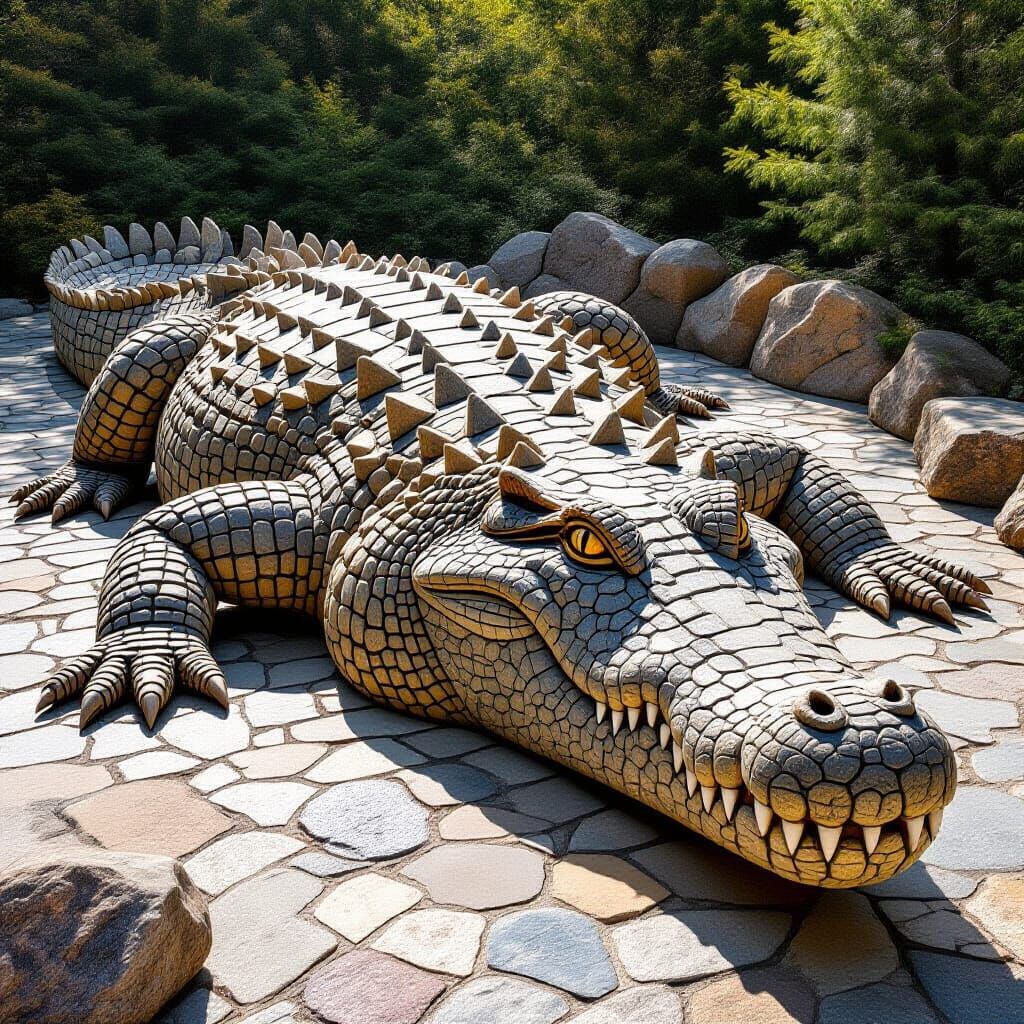 Gigantic Rock Crocodile Sculpture in Sunlight