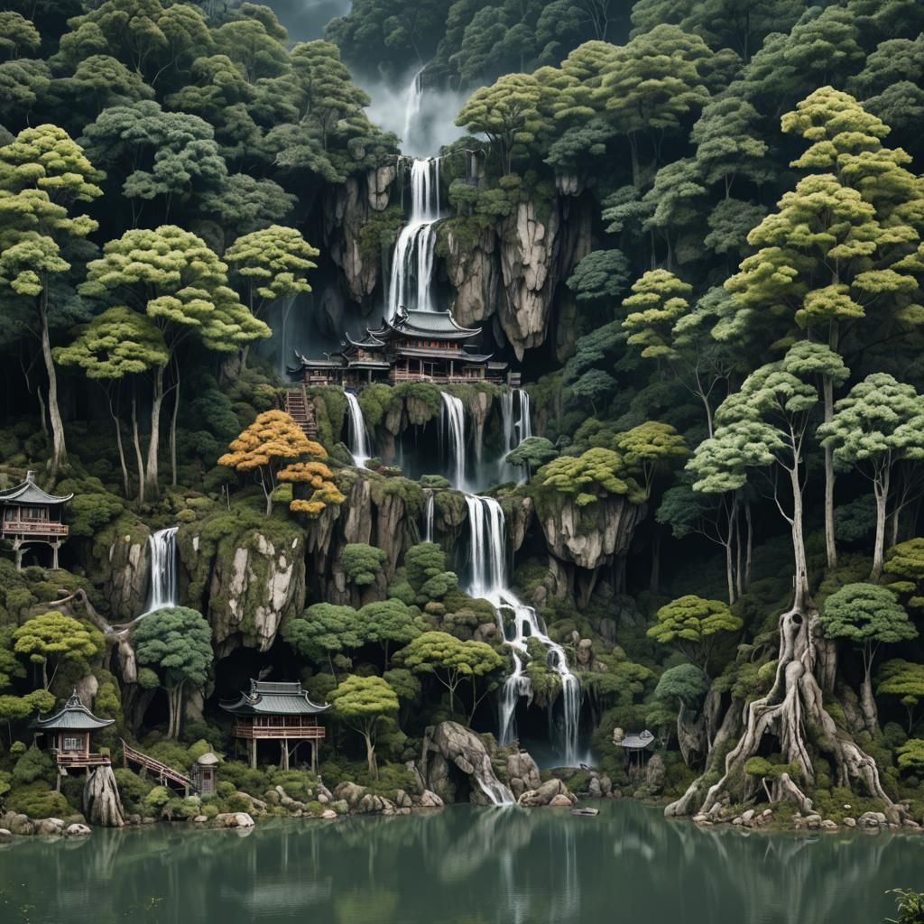 Creepy Forest Scene with Waterfall and Asian Town