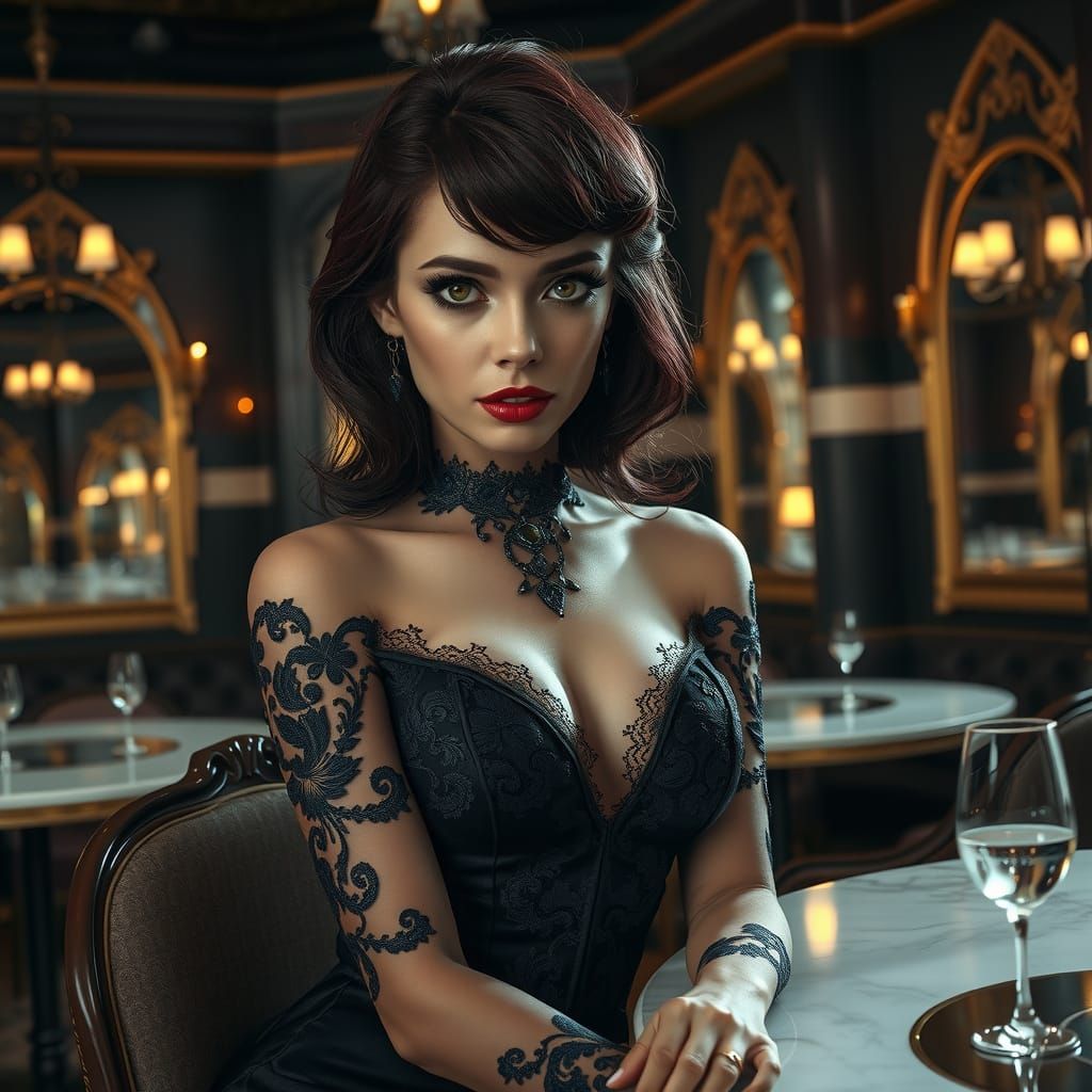 Elegant Woman in Gothic Gown at Vintage Cafe