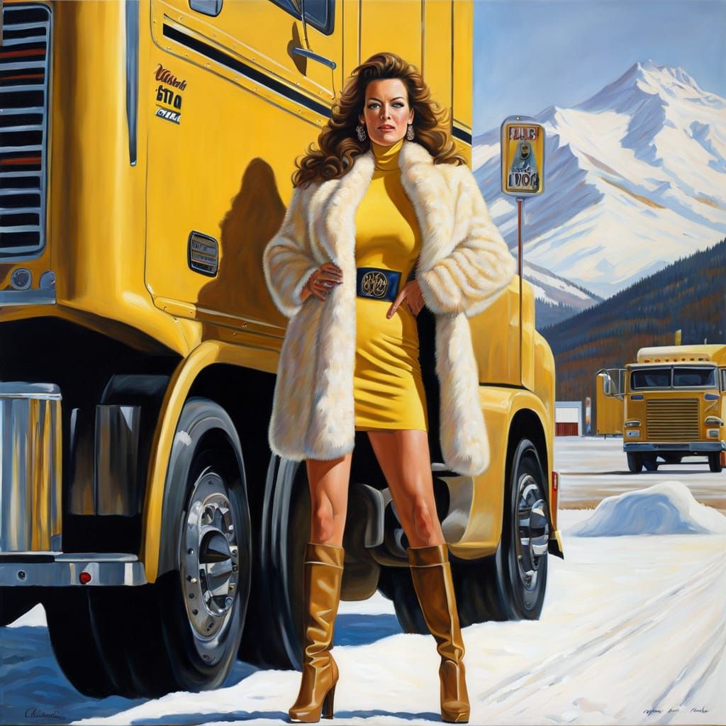 Realistic Oil Painting of Woman in Fur Coat and Mini-Dress