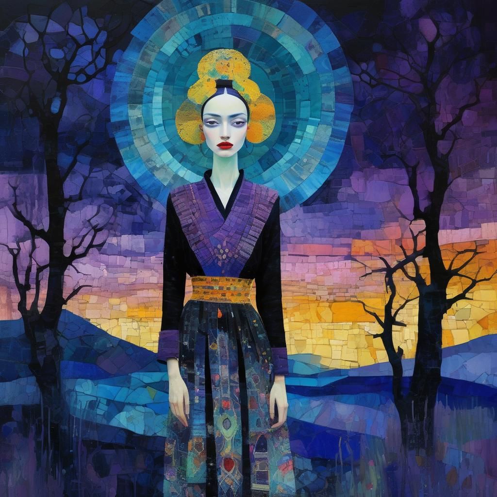 gorgeous portrait of a beautiful ancient princess “Andean Textile Patchwork Fashion Model" By Enki Bilal & Paul Klee & J...