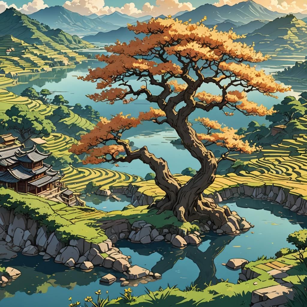 Ancient Apricot Tree by Lake: Anime Style