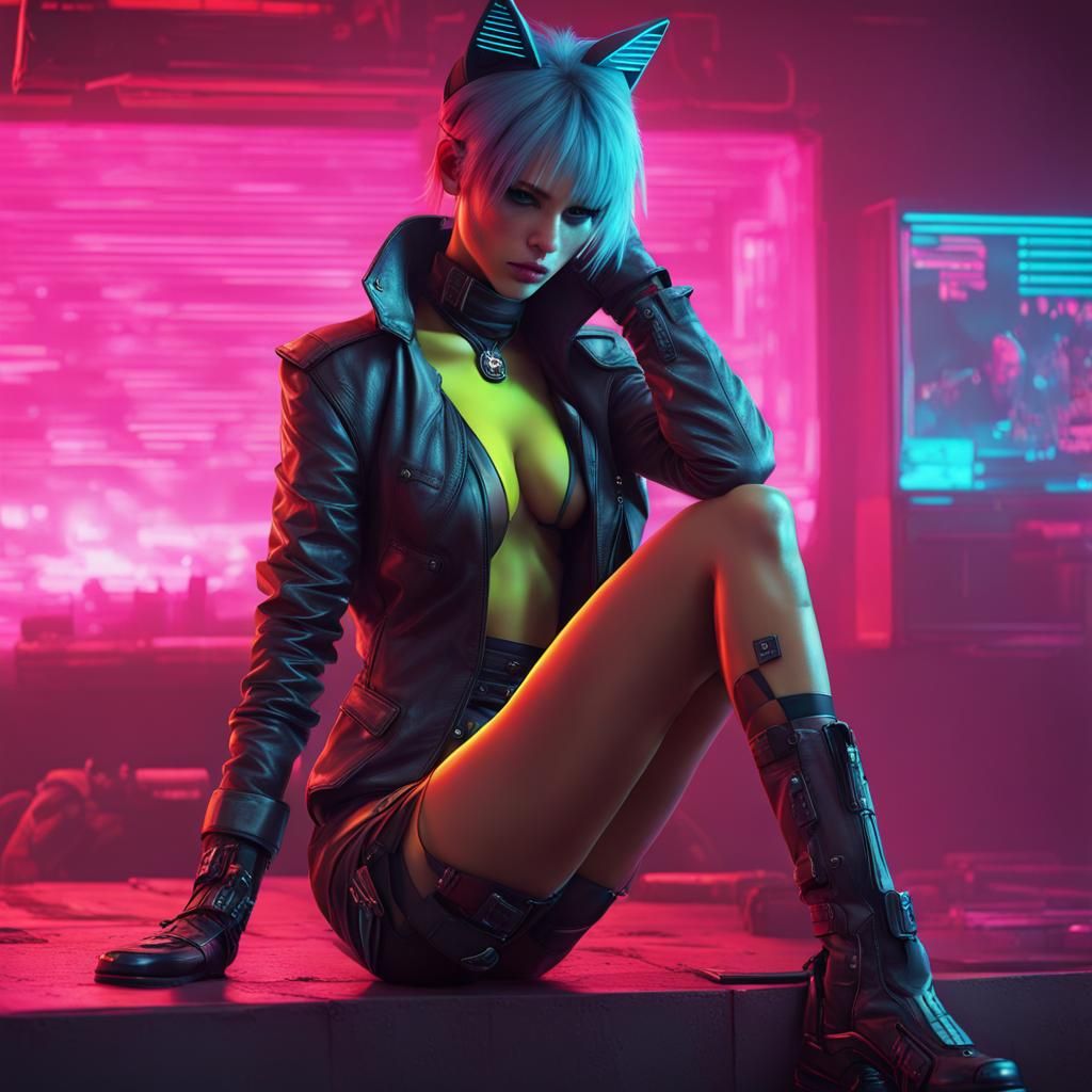Cyberpunk Cat-Girl in Neon Cityscape