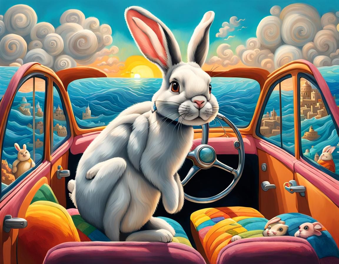 Bunny Driving Car on Stormy Ocean at Sunrise