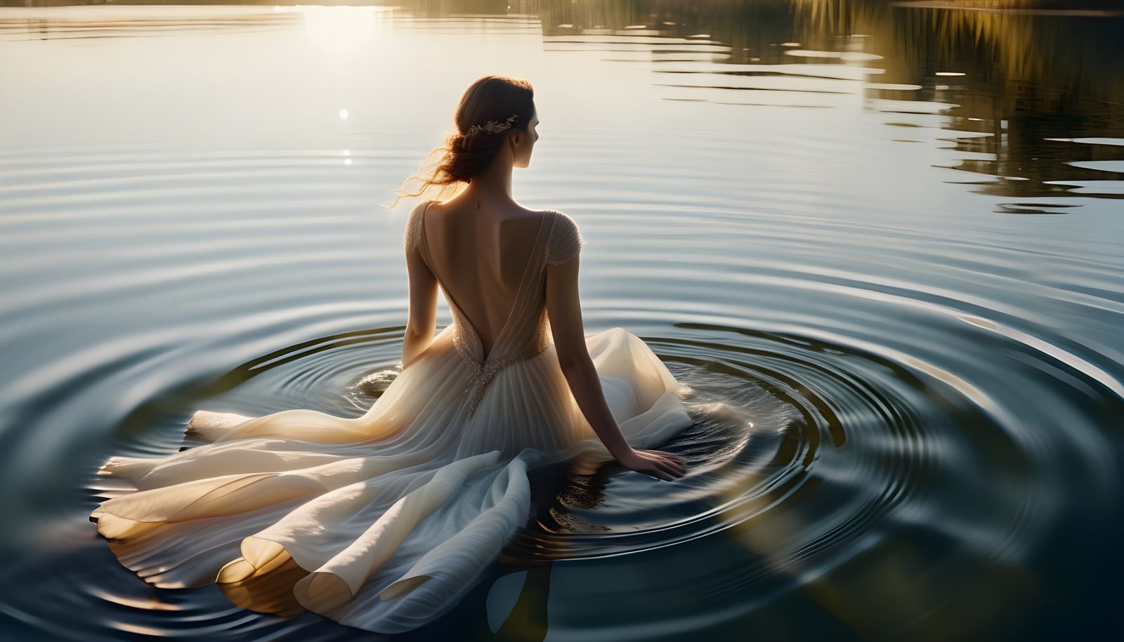 Cinematic Sunset: Woman in White Gown in Lake