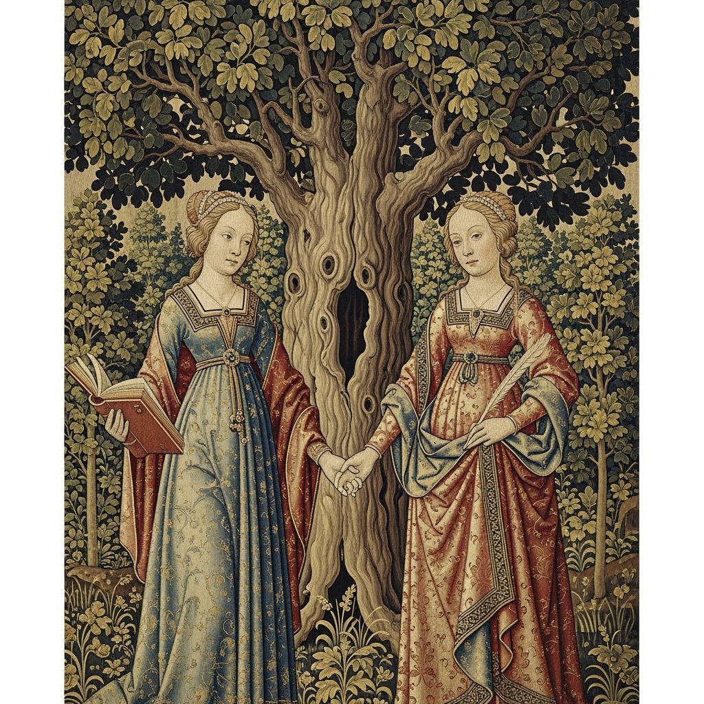 Medieval Tapestry of Women Under Ancient Oak Tree