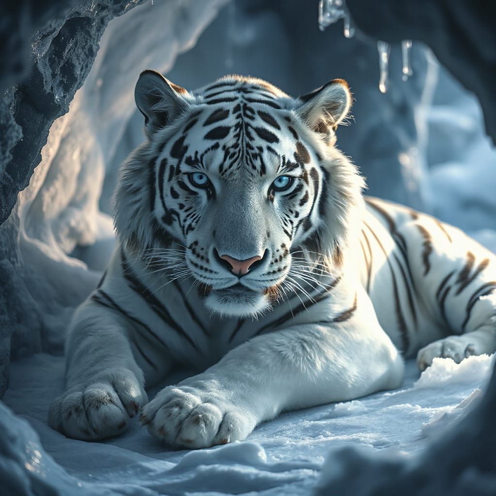 Snow Tiger in Grotto: Alphonse Mucha Style